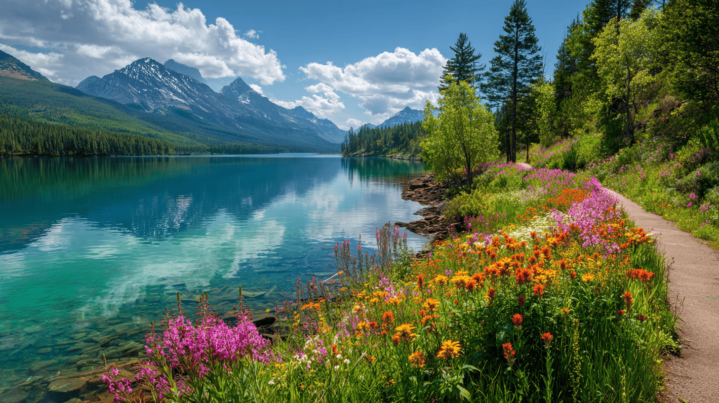 Majestic snow-capped mountains rise above a verdant forest, with a pristine river flowing through a serene valley.